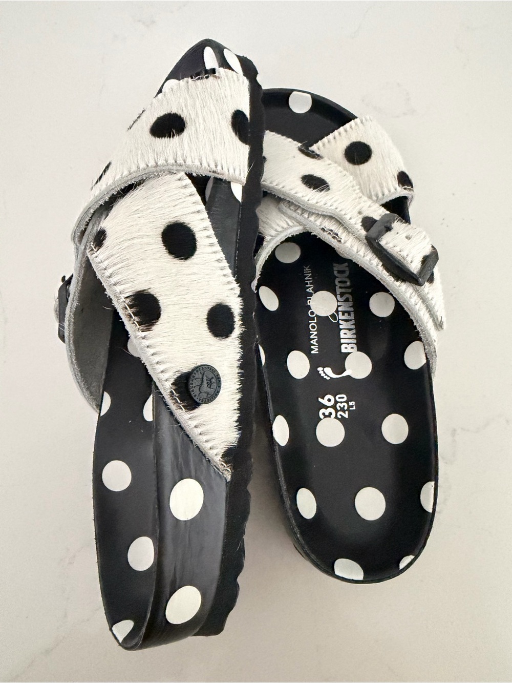 Manolo Blahnik and BIRKENSTOCK Black/White Polka Dot Cross-Strap Sandals